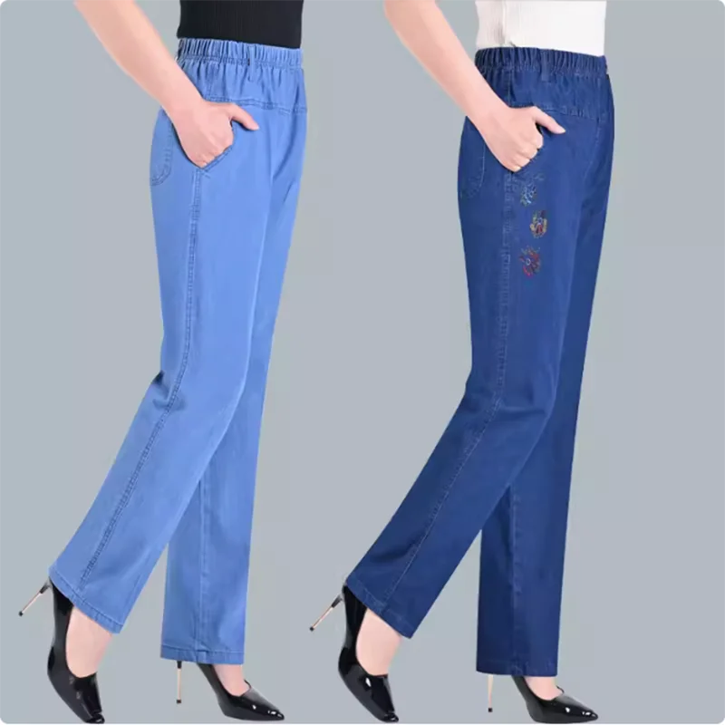 Middle-aged Women's Jeans Spring Summer Stretch Waist Straight Denim Pants Large Size Loose Casual Black Blue Denim Trousers 5XL