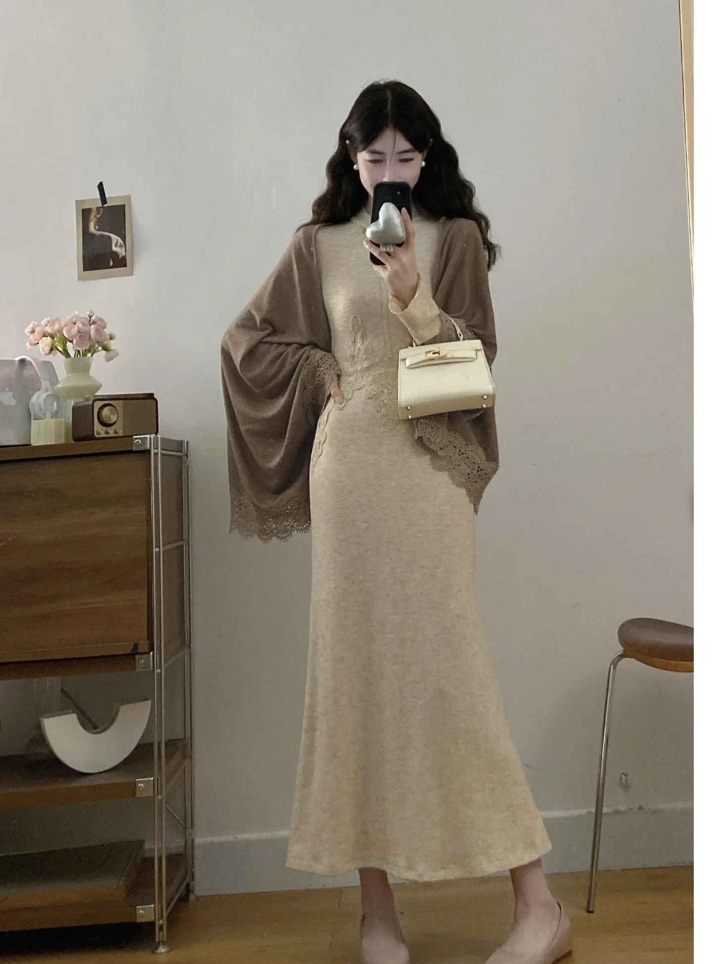 

plus Size Women's New Chinese Sle Embroidered 3D Knitted Dr Slimming Autumn Faion High Waist Long Sve Maxi Dr