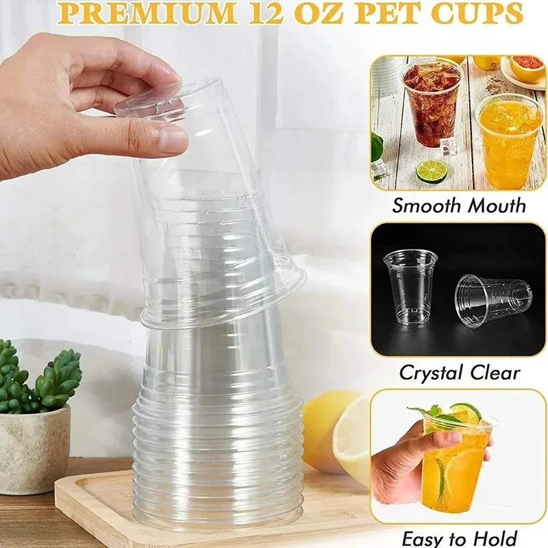 Disposable Clear Plastic Cups with Lid for Fruit Juice Milk Tea Iced Coffee Cold Drinks Ice Cream Dessert Takeaway Party Use
