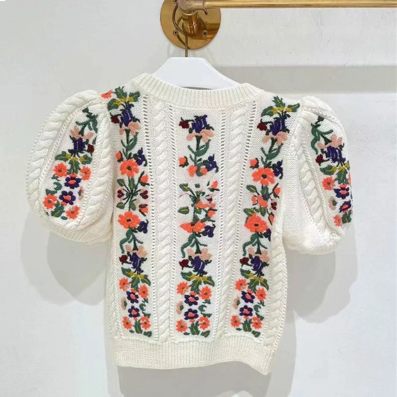 French Niche Hook Flower Embroidery Sweater Women 2024 Summer Chic New All-match Tops Puff Sleeve O-neck Elegant Female Pullover