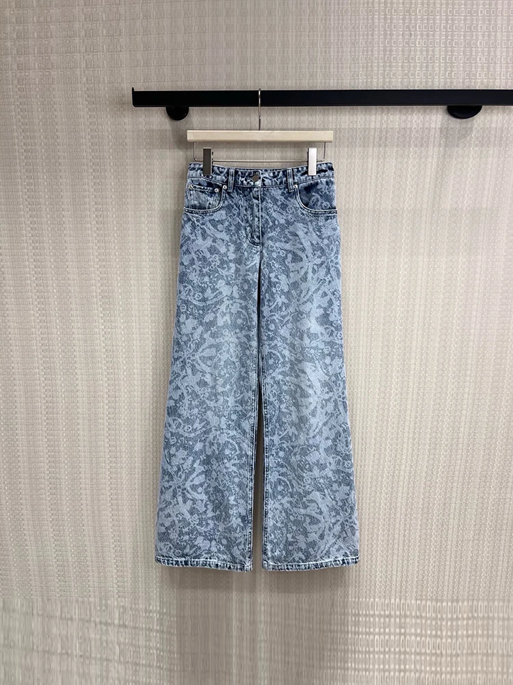 Spring Summer Fashion Vintage Pattern Casual Cowboy Trousers Women's Daily Middle Waist Multi Pocket Straight Barrel Pants