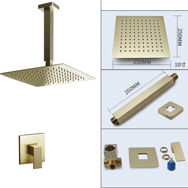 Polished Brass Single Lever Square Rain Shower Head Concealed Wall-Mounted Bathroom Faucet Set 2450g Soft Ceiling Bathtub Faucet
