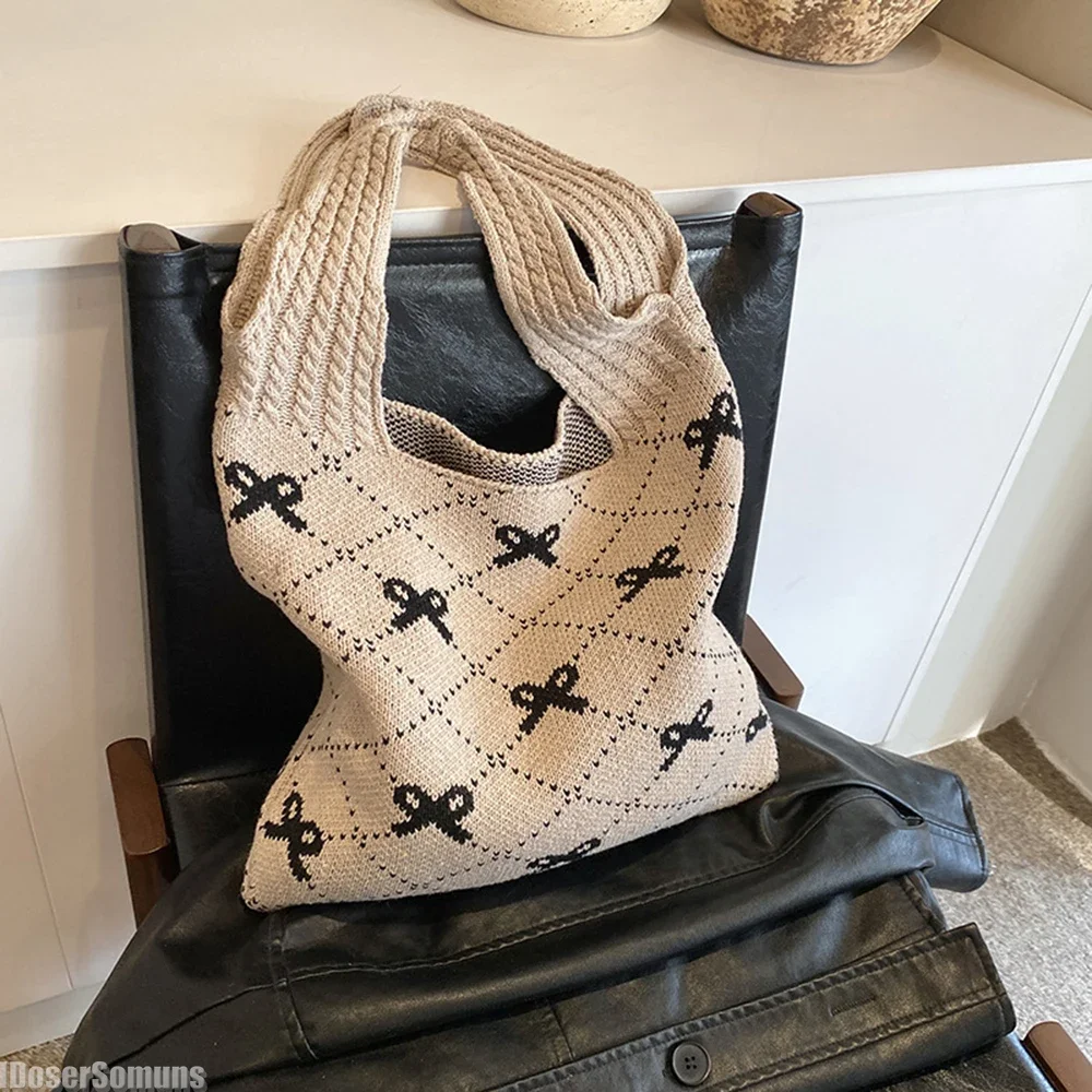 Large Capacity Knitted Bag Fashion Women Summer Organization Handmade Woolen Knitted Underarm Knitted Bow Tie Shoulder Bag