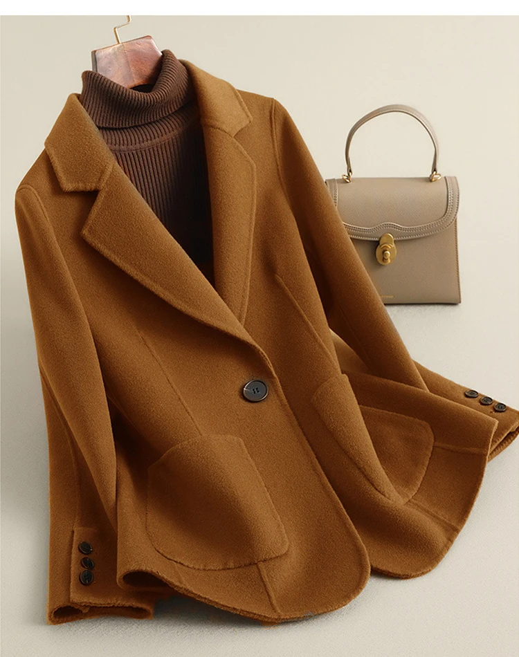 Women's Suit Collar Double-sided Cashmere Wool Coat 2024 Fall Winter Chic Ladies Single Button Loose 100% Woolen Blazer Jackets