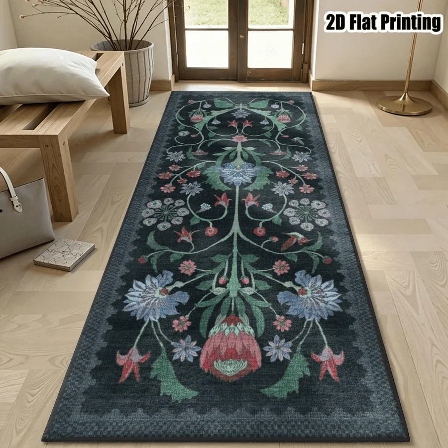 1Pc American Retro Floral Pattern Printed Long Carpet, Bohemian Style Corridor Carpet, Suitable for Bedroom, Living Room, Entrance, Bathroom, Bedside, Warm Home Decoration