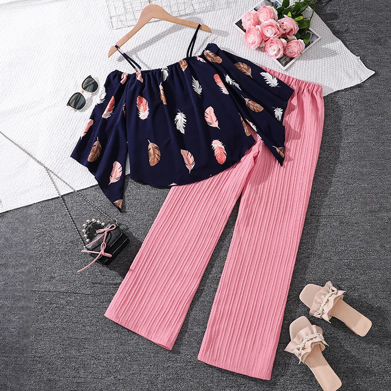 2024 New Clothing Set Girls Long Sleeve Slash Neck Print T-shirt Pink Trousers 2 Pcs Sets Casual Girls Clothes Set 13-16T