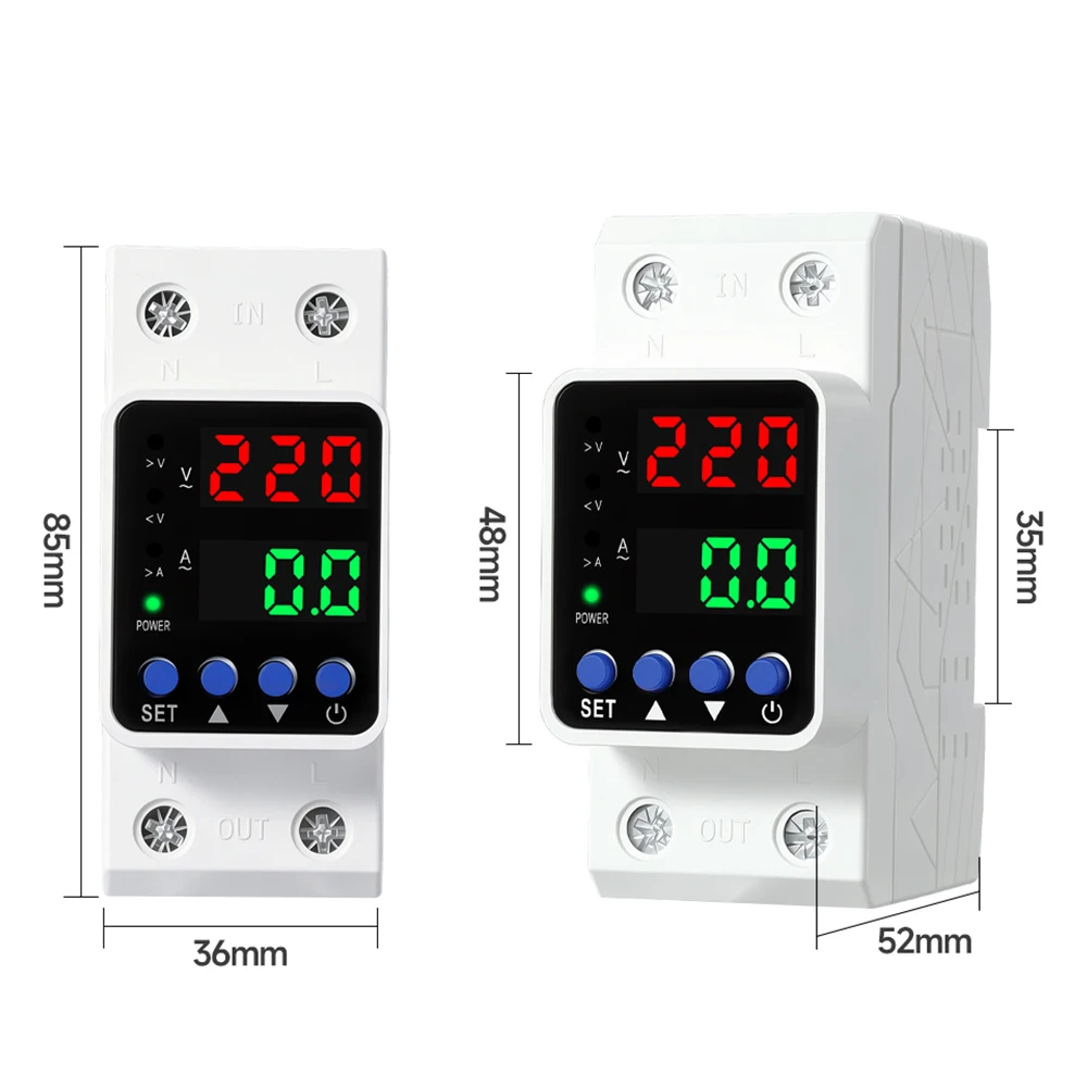 DIN Rail Dual Display Adjustable Over Voltage Current And Under Voltage Protective Device Protector Relay 40A 63A 220V 230V