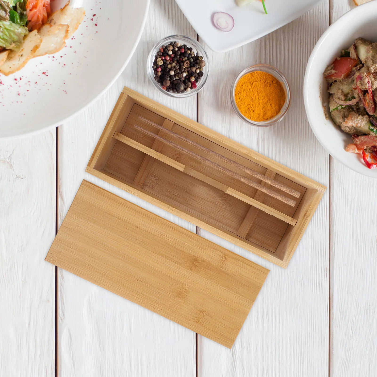 

Bamboo Chopsticks Box Large Capacity Kitchen Drawer Silverware Organizer Wood Japanese Style Cover Protection Storage