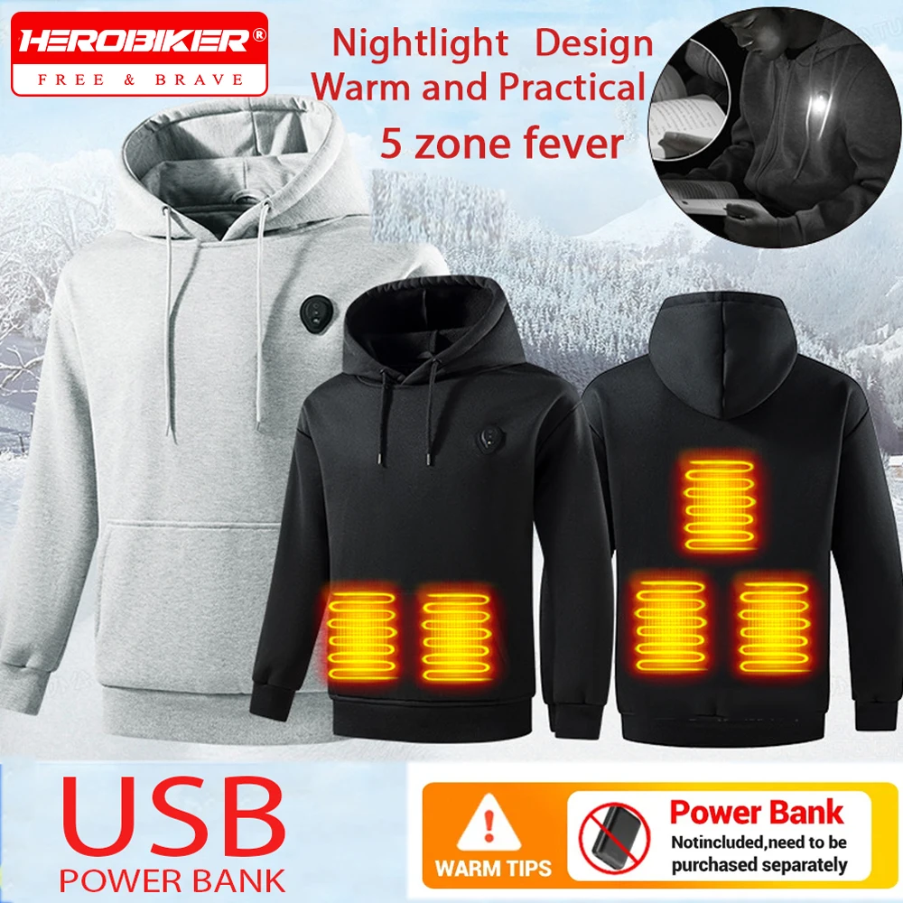 

Men Women USB Heating Sweatshirts USB Rechargeable 5 Heating Zones Lightweight Heating Jacket Clothes Outdoor Thermal Sportswear