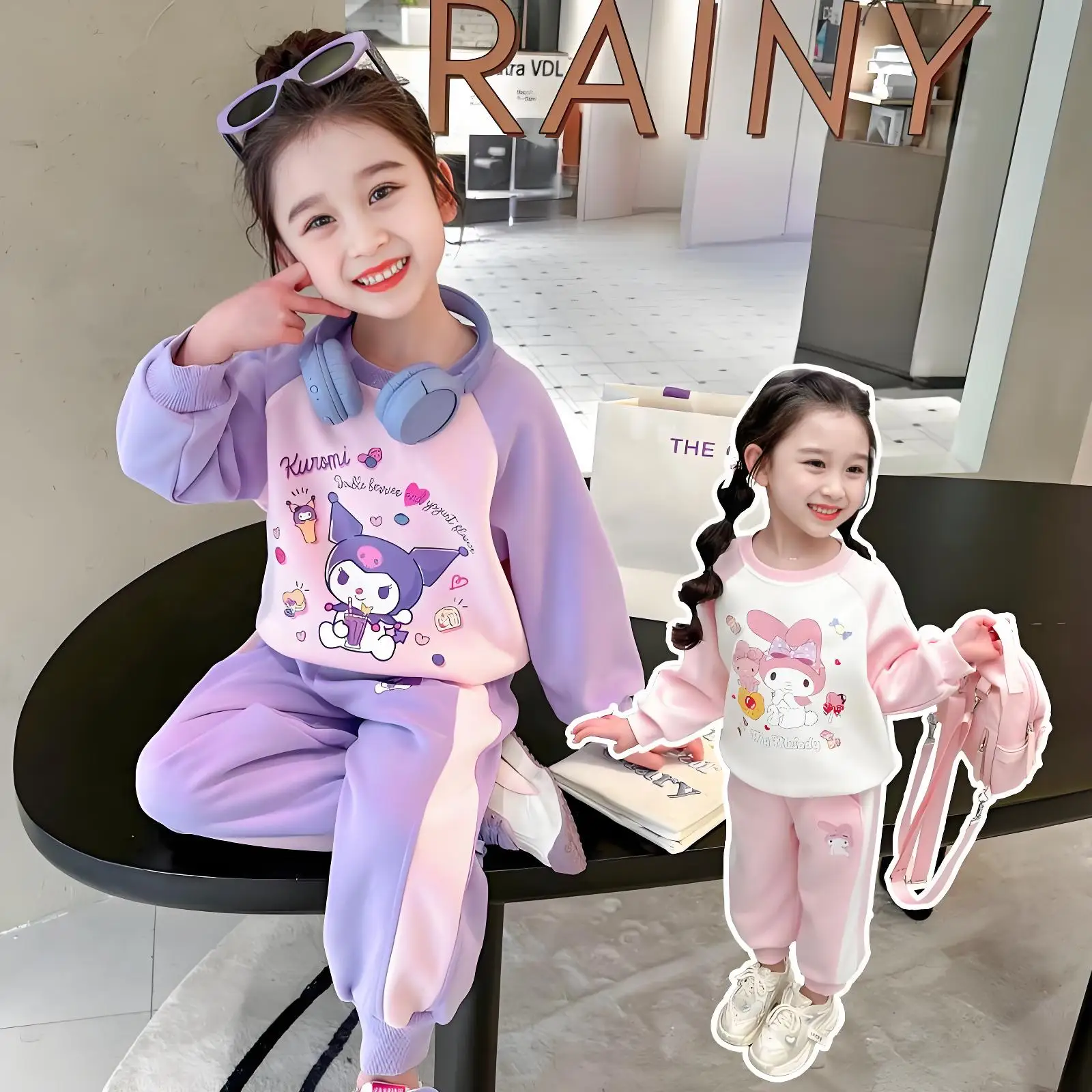 

Anime Kuromi Girl Casual Suit Spring and Autumn Sports Style My Melody Sweatshirt Trousers Two-Piece Set Pure Cotton Casual Gift