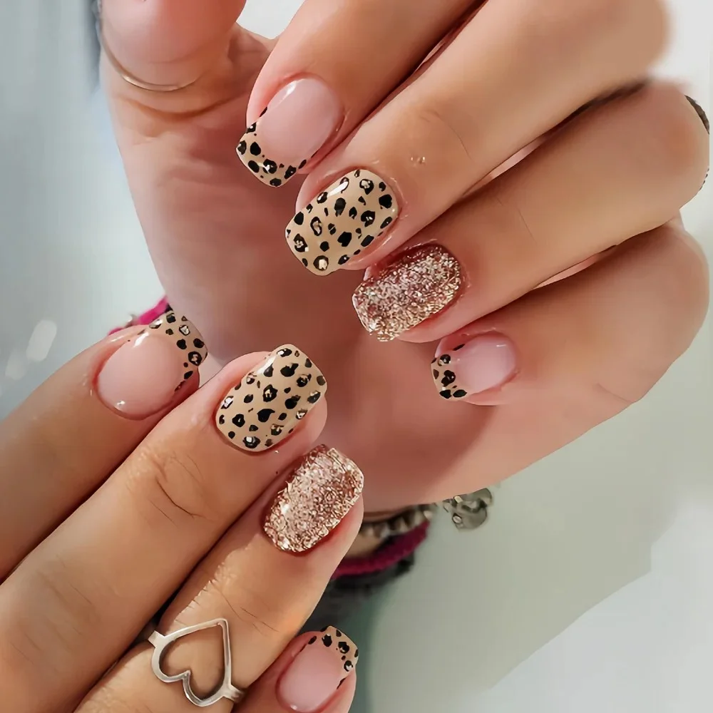 

Short long fake nails for women girls fashion leopard black purple blue glossy or glitter shiny french tips press on false nail