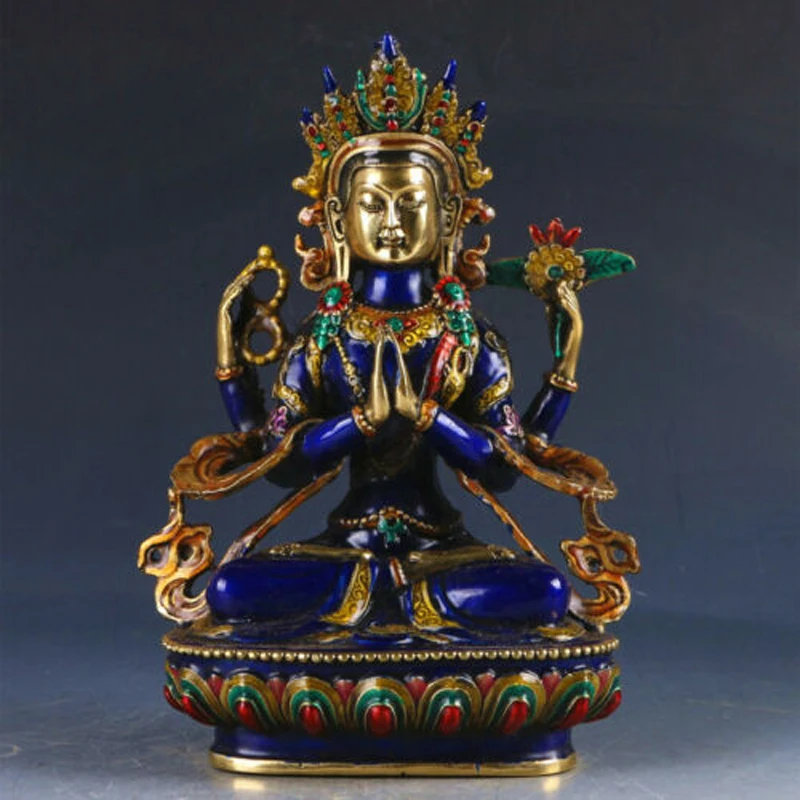 

Chinese Cloisonne Handwork Carved Statue Four-armed Avalokitesvara Bidhisattva