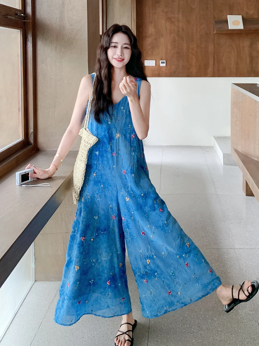 

Корейские цельные брюки Sle Beach Vaion, женские модные летние брюки 2024, новые супер красивые широкие брюки с цветочным принтом