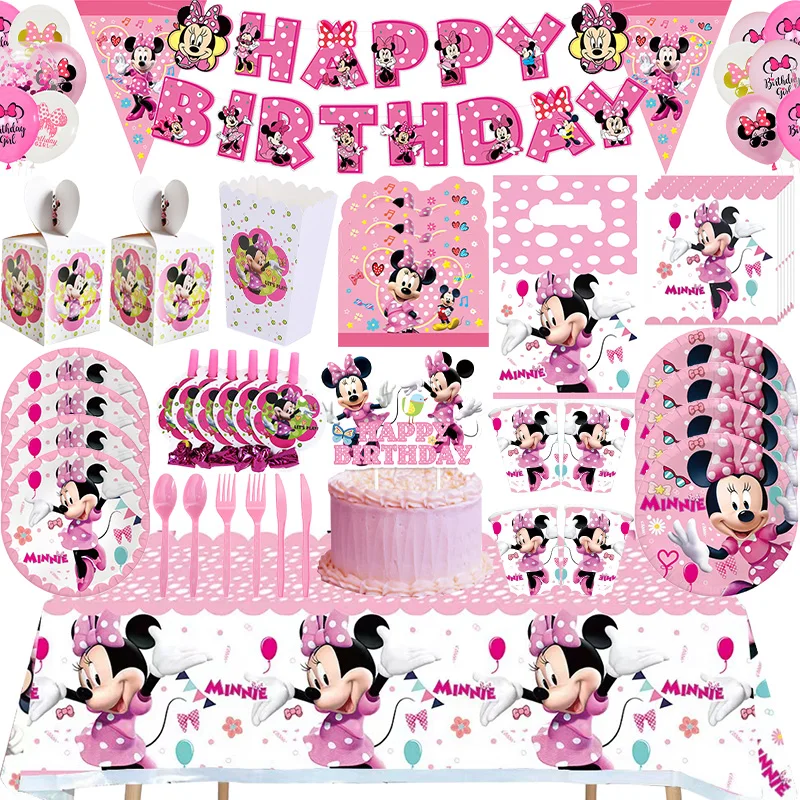 Décoration de fête d'anniversaire Minnie Mouse, assiettes en papier, gobelets, serviettes, ensemble de ballons, bannière, décoration de gâteau, fournitures de fête pour enfants