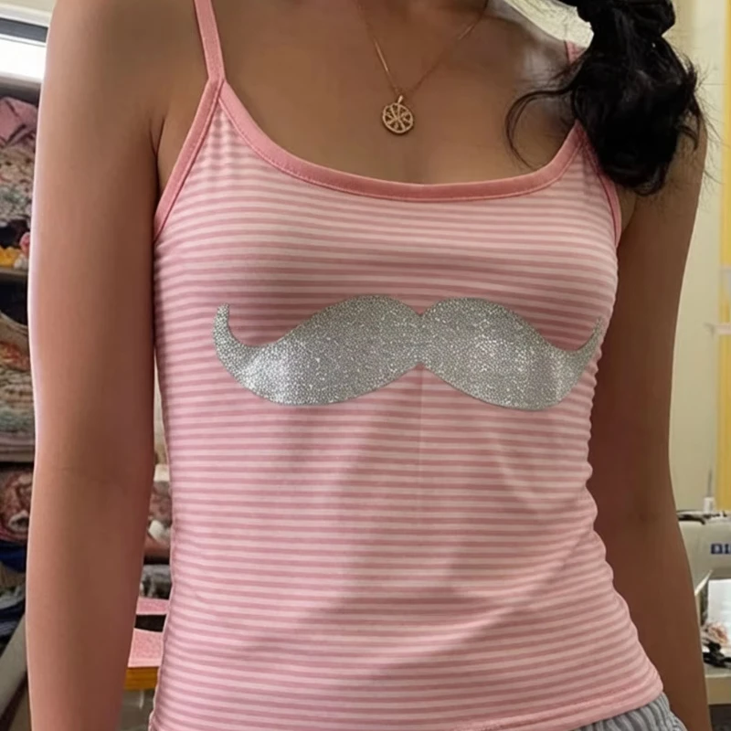 2026 Summer Women Y2K Casual Striped Mustache Slim Fit Contrast Trim Individuality Spaghetti Strap Sleeveless Cami Tank Top Emo