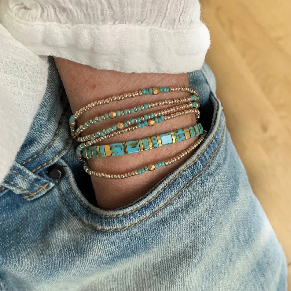 2PCS Boho Tile Beaded Bracelet Set for Women Handmade Turquoise Square Beads Adjustable Rope Jewelry Summer Beach Gift Wholesale
