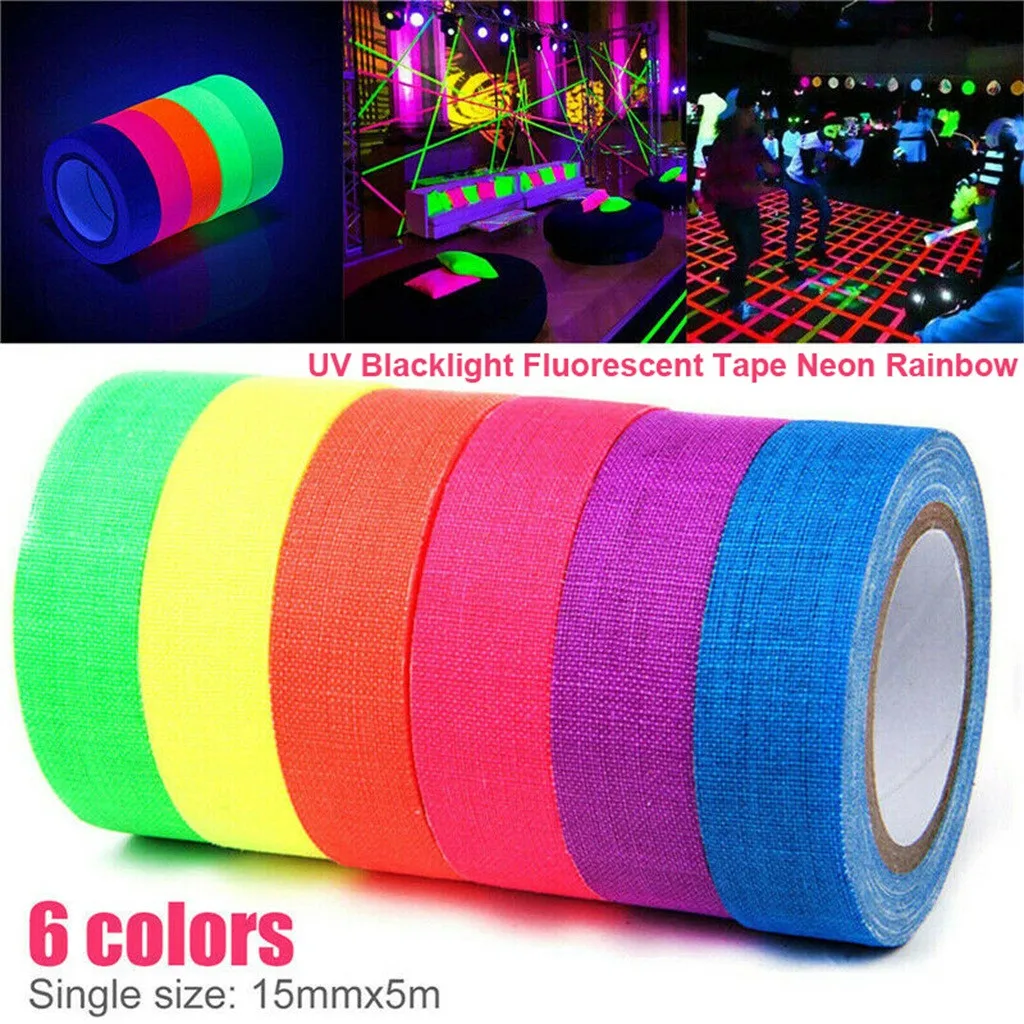 6Rolls/Pack UV Blacklight Fluorescent Tape Neon Rainbow Gaffer Spike Sticky Cloth