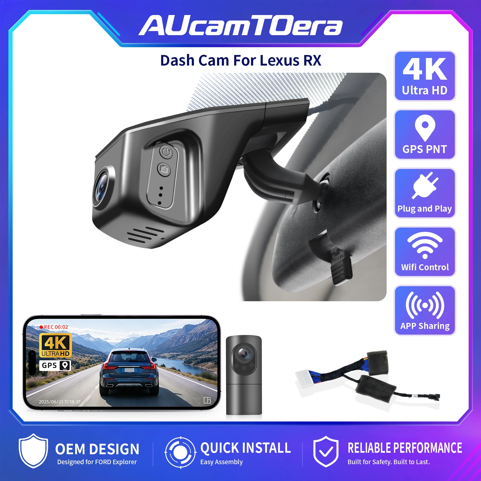 AUcamTOera WiFi & APP GPS 4K Car DVR Dash Cam For Lexus RX Gen4 AL20 & RX Gen5 ALA10/ALH10 DashCam 2016-2026 Plug and Play