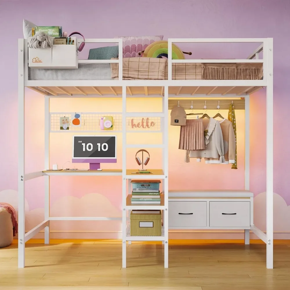 Loft Bed with L-Shaped Desk, LED Lights and Charging Station with Storage Shelves and Coat Rack with Drawers, Kids Bed