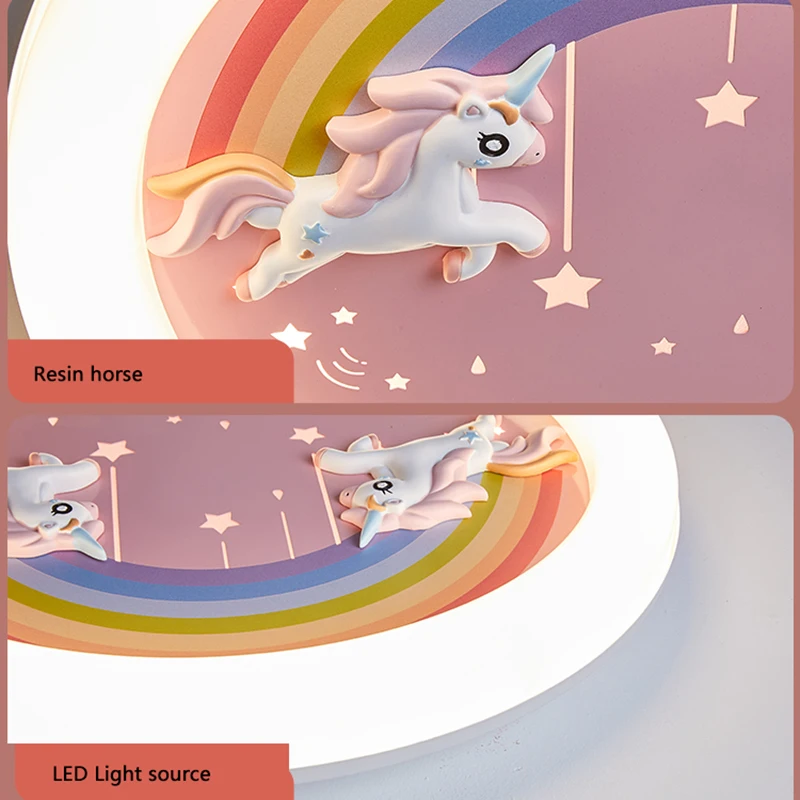 Cartoon Unicorn Ceiling Lamps Round Cloud Rainbow Light Girl Princess Bedroom Chandelier Light Children Kids Baby Illuminaire