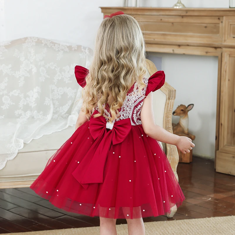 0-5Y Kids Girls Red Christmas Dress Baby Birthday Clothing Children Lace Ruffle Bow A-line Dress Toddler Party Princess Dresses