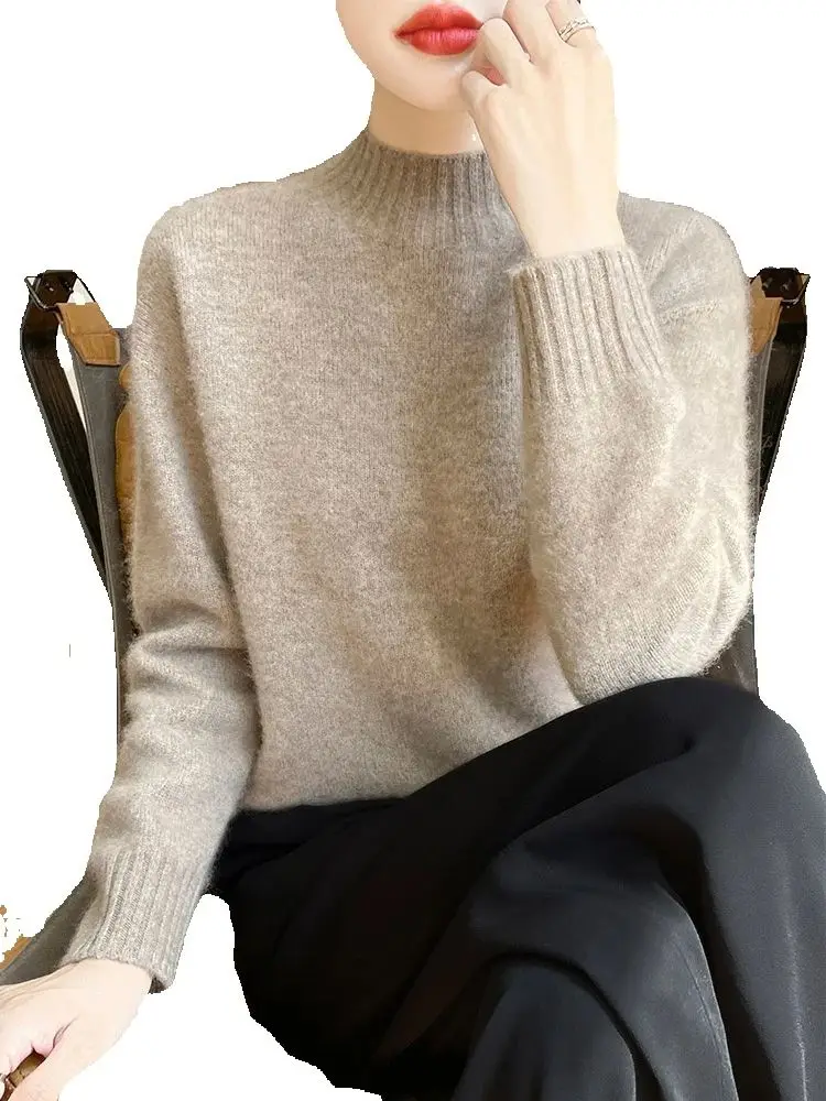 Chic Pure Color Basics Soft Women's Pullovers 100% Cashmere Knitted Casual Loose Mock Neck Sweater Warm Regular Fit Tops