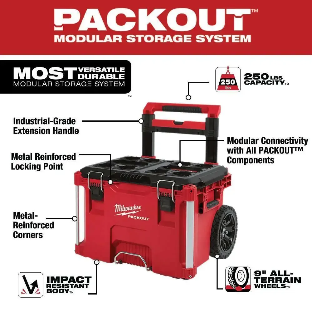 Milwaukee Packout Rolling Toolbox 22-Inch Lockable Liner Handle Resin Red- 48-22-8426