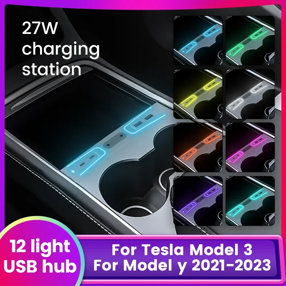 Für Tesla Modell 3 Y 2021 2022 2023 USB Shunt Hub 27W Schnelle Lade Docking Station Licht Center Konsole 4 loch Auto Zubehör
