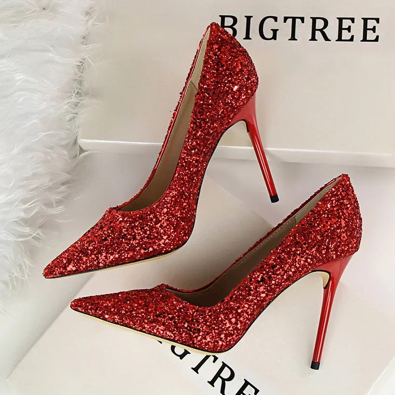 New Autumn Cinderella Shoes Women Bling Sequined Cloth Fashion High Heels Shoes Woman Pumps Pointy Toe Ladies Party Wedding Shoe