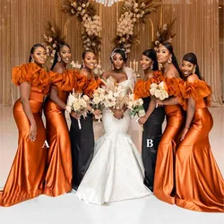 Puffy Off Shoulder Long Bridesmaid Dresses Mermaid Sheath Customized Plus Size Women Orange Sheath Party Dress Wedding Guest
