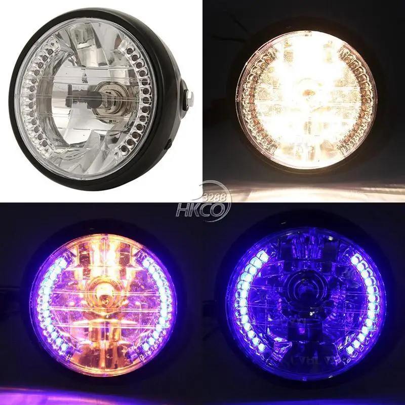 Motorcycle Headlight Halogens 7 Inch H4 35W Crystal with LED Turn Signal Angel Eye Ring Head Light Motorbike Metric Bike Cruiser