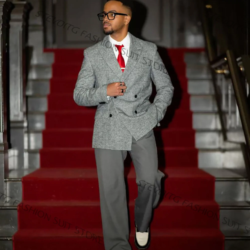 

Casual Textured Men's Grey Double Breasted Suits Peaked Lapel Jacket+Pants 2 Pieces Set for Evening Prom Party & Daily Wear
