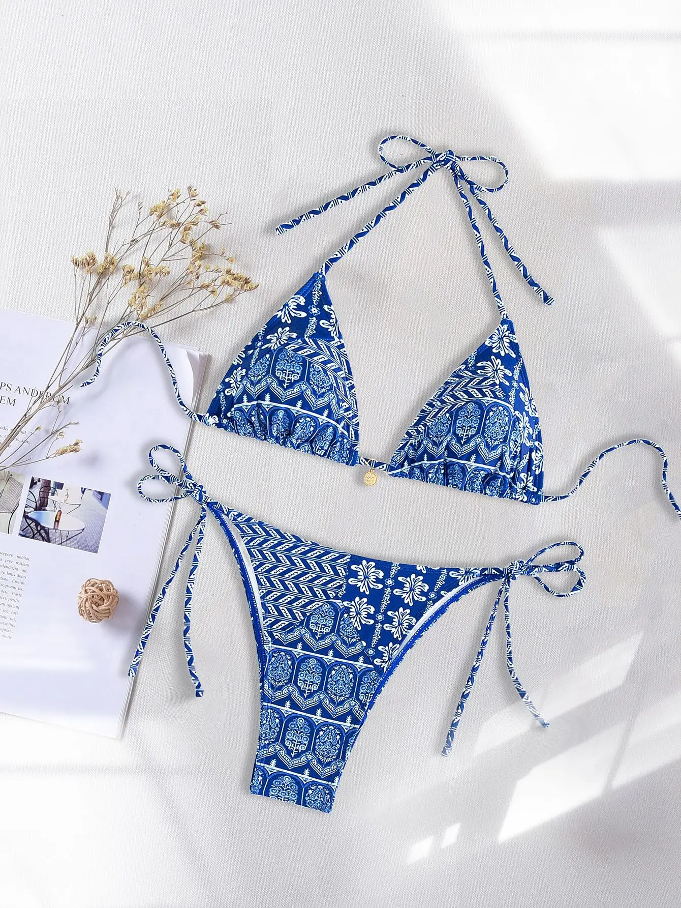 

NEW Women Sexy Leace-up Style Triangular Cup Bikini Split Swimsuit Two Piece Set Vacation ClotBohemian Vintage Print Bikini Set