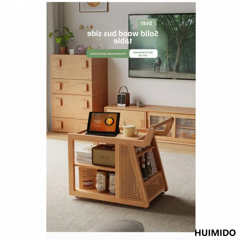 Wooden house record Solid wood edge table Movable coffee table trolley Living room Sofa side cabinet Side cabinet Bedroom bedsid
