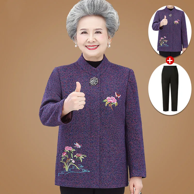 Grandma's Winter Woolen Coat High End Elegant Mother Outwear Casual Loose Embroidered Jacket Elderly Female Wool Cardigan Tops