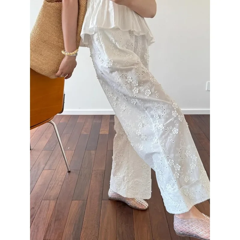 New Embroidered Flower Hollow Women's Casual Pants Summer Korean Fashion Straight Tube Loose Pants Women Vintage Streetwear Y2k