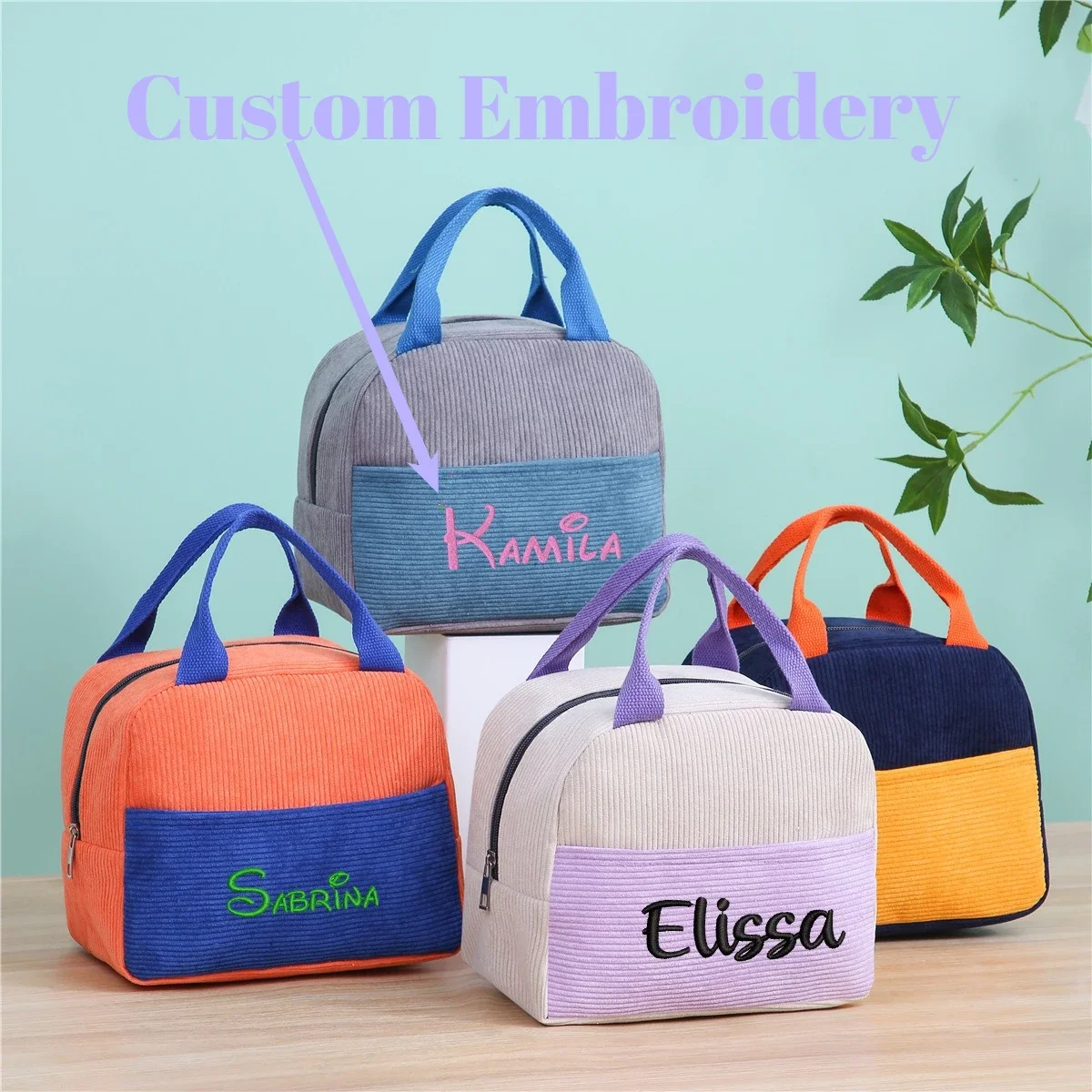 Personalized Embroidered Name Corduroy Lunch Bag - Insulated Leak-Proof Reusable, Multi-Color, Ideal for Work, Travel & Picnics