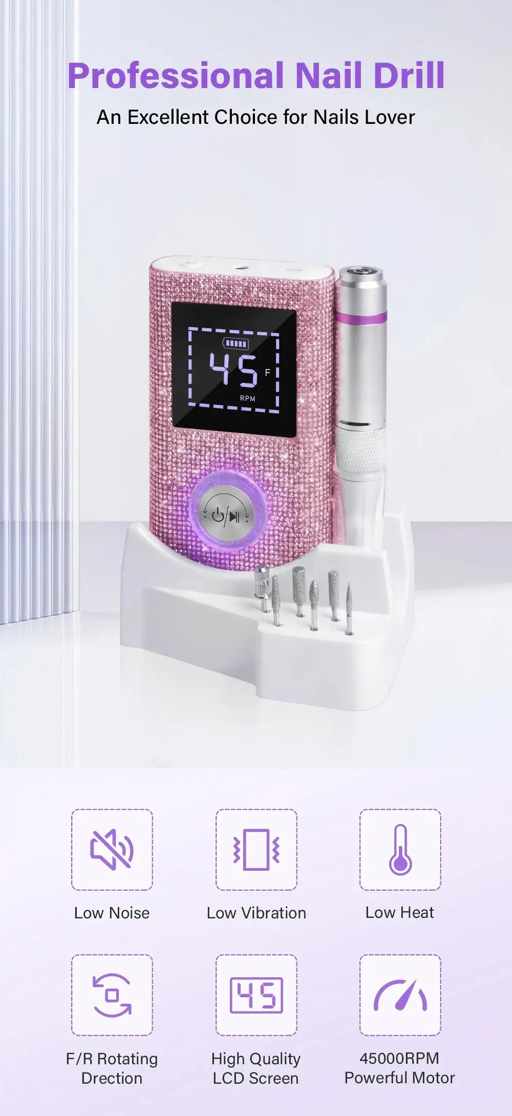 45000RPM Professional Rechargeable Nail Drill Machine for Nails Electric File HD Display Metal Manicure Pen Nail Lathe Sander