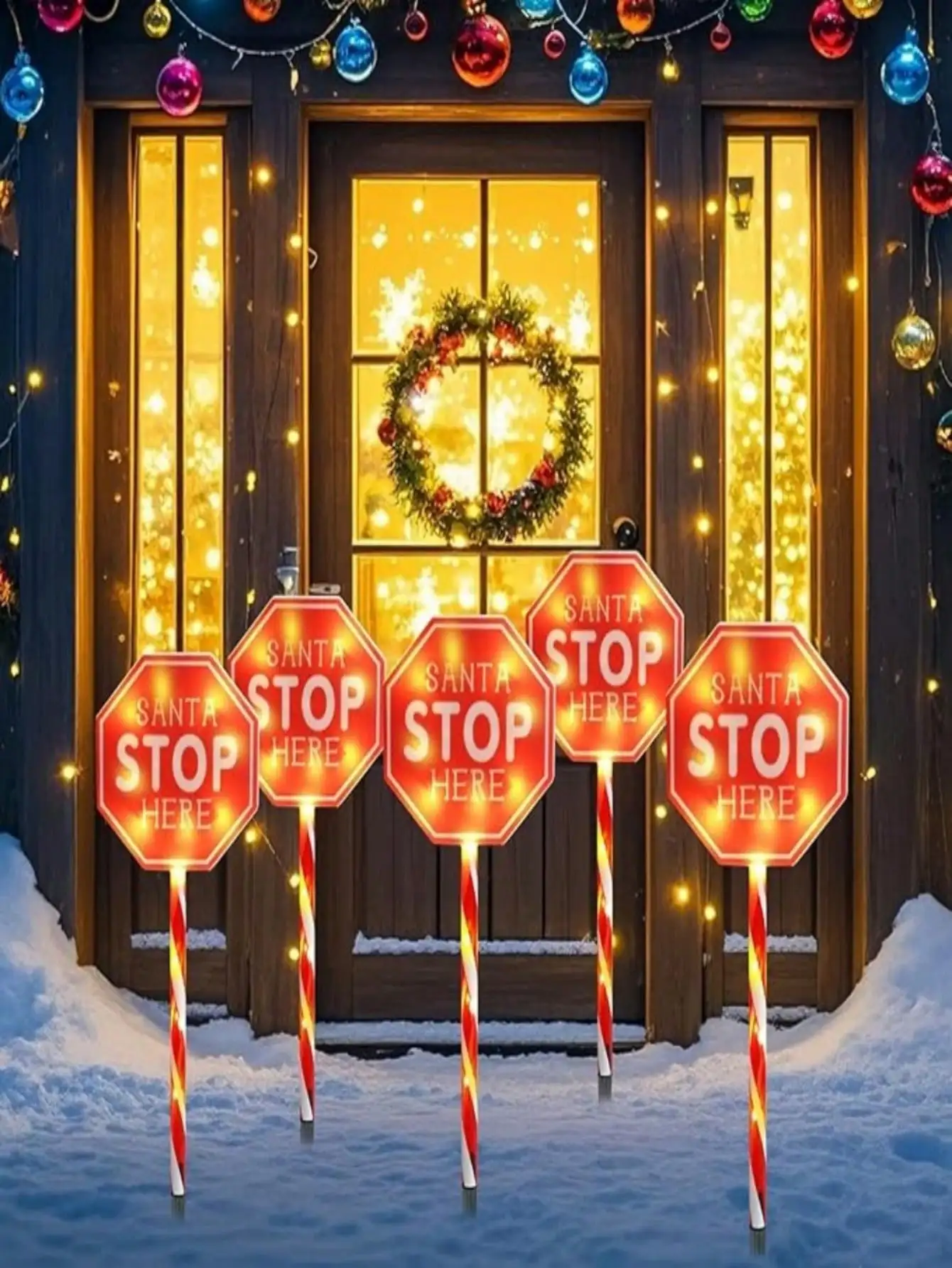 5pcs Solar-Powered Christmas Rest Sign - Waterproof 5-In-1 LED Decor w/Candy Cane Stripes for Yard/Garden, Durable Plastic