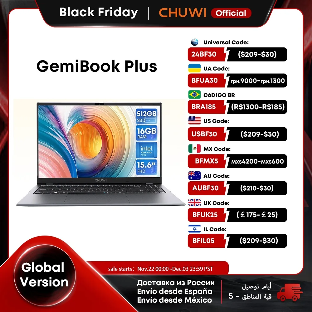 CHUWI GemiBook Plus 15,6-calowy laptop 16 GB RAM 512 GB SSD Komputer Windows 11 Laptop Intel Alder Lake N100 12. generacji (do 3,4 GHz)