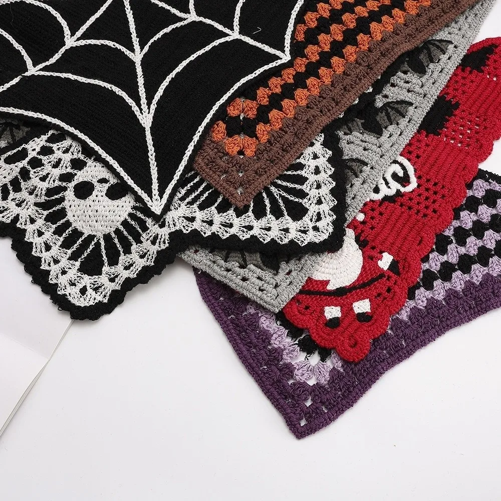 Knitted Halloween Headscarf Cotton Hollow Out Design Skull Print Headscarf Creative Pattern All Saints Day Style