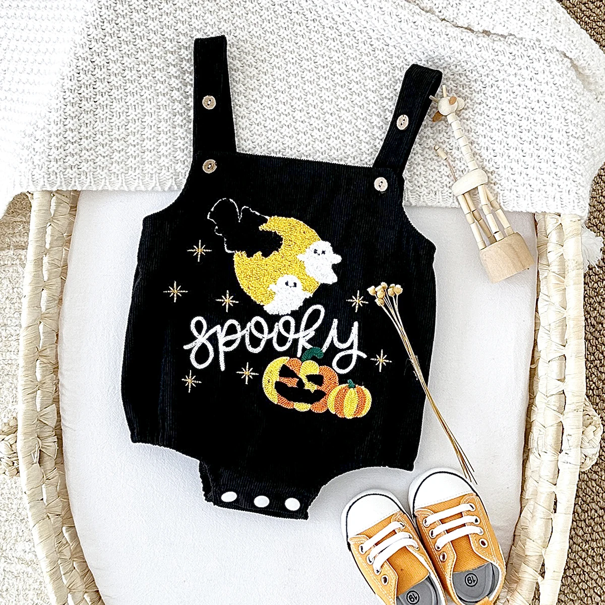 0-18M Infant Clothes Baby Boy Girl 1st Halloween Pumpkin Ghost Embroidery Bodysuit Fall Bubble Romper Toddler Corduroy Overalls