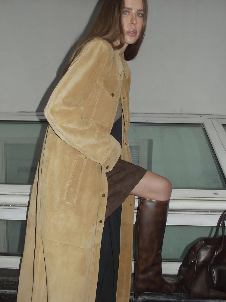 Fashion Solid Wildleder Mantel Frauen Elegante Revers Langen Ärmeln Taschen Lose einreiher Mantel Herbst Dame Pendeln Outwear