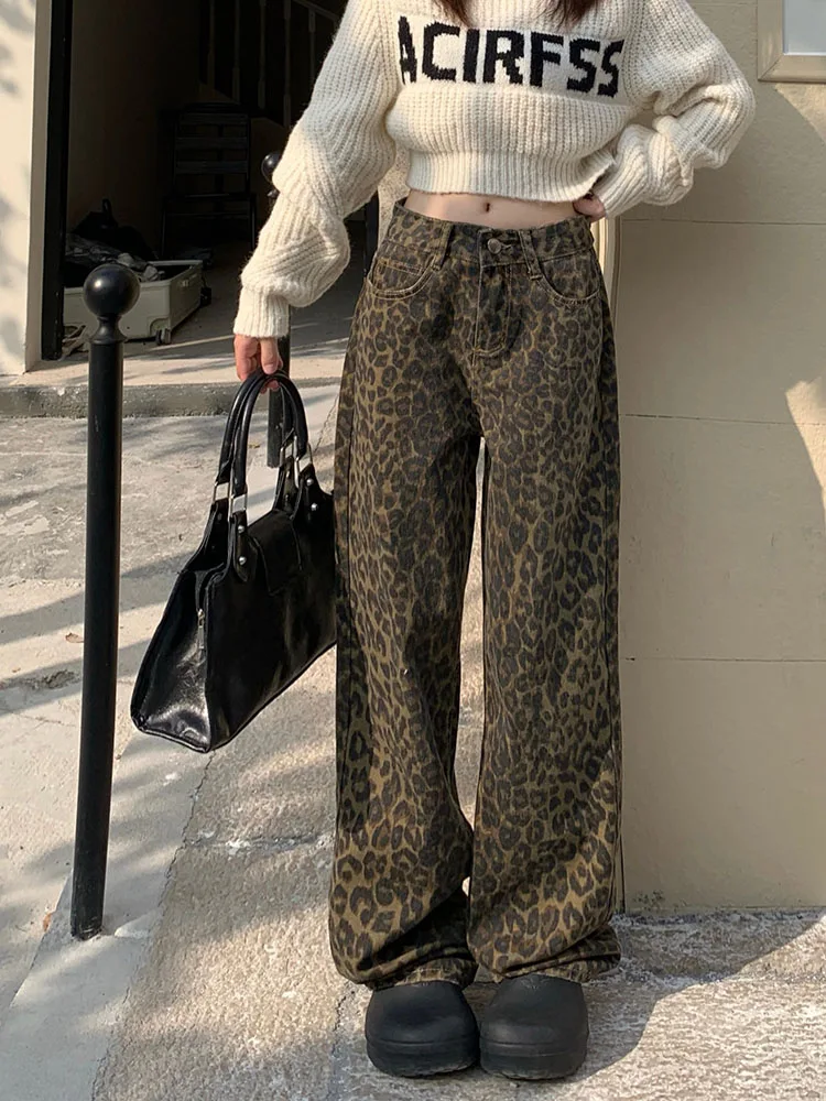 

Vintage Leopard Print Jeans Women High Waisted Wide Leg Denim Trousers 2024 New Streetwear Fashion Casual Baggy Jeans Y2k