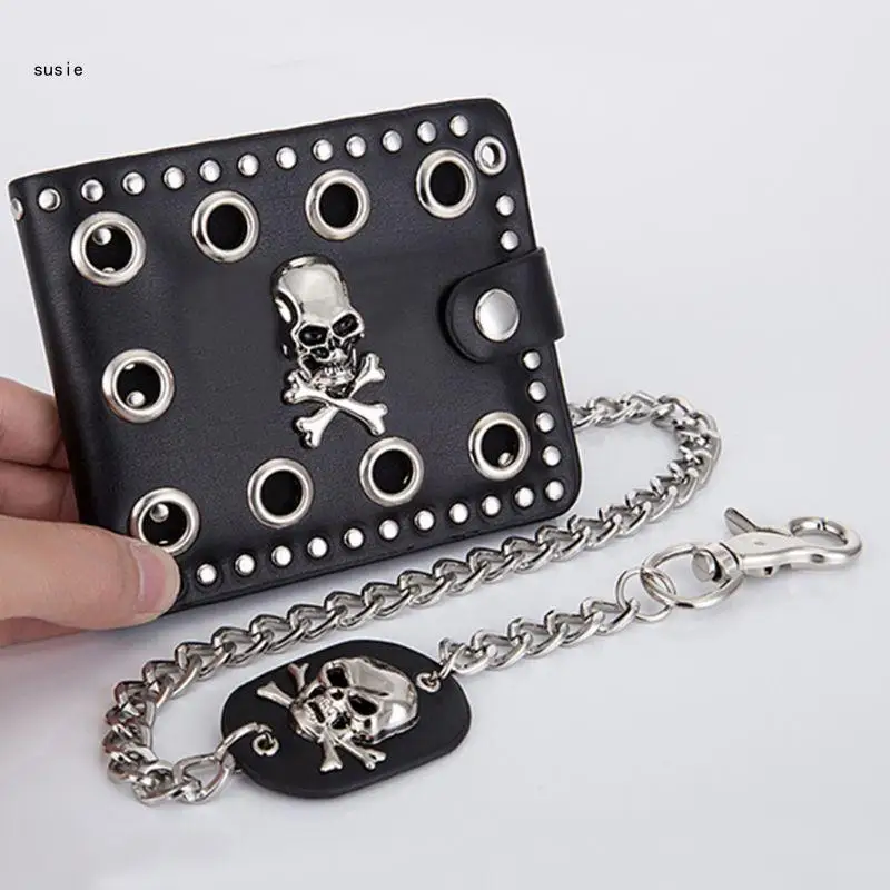 X7YA Leather Cool Punk Gothic Western Skull Clutch Purse Wallets With Chain For Men