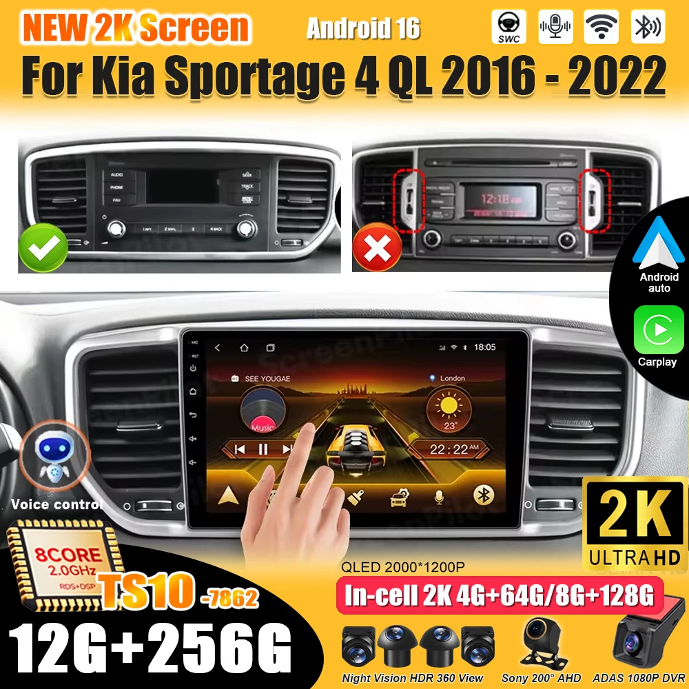 Android 16 para Kia Sportage 4 QL 2016 - 2022 Reprodutor de Vídeo Multimídia com Espelhamento, Android Auto Sem Fio, Tela Sensível ao Toque, Wifi e RDS
