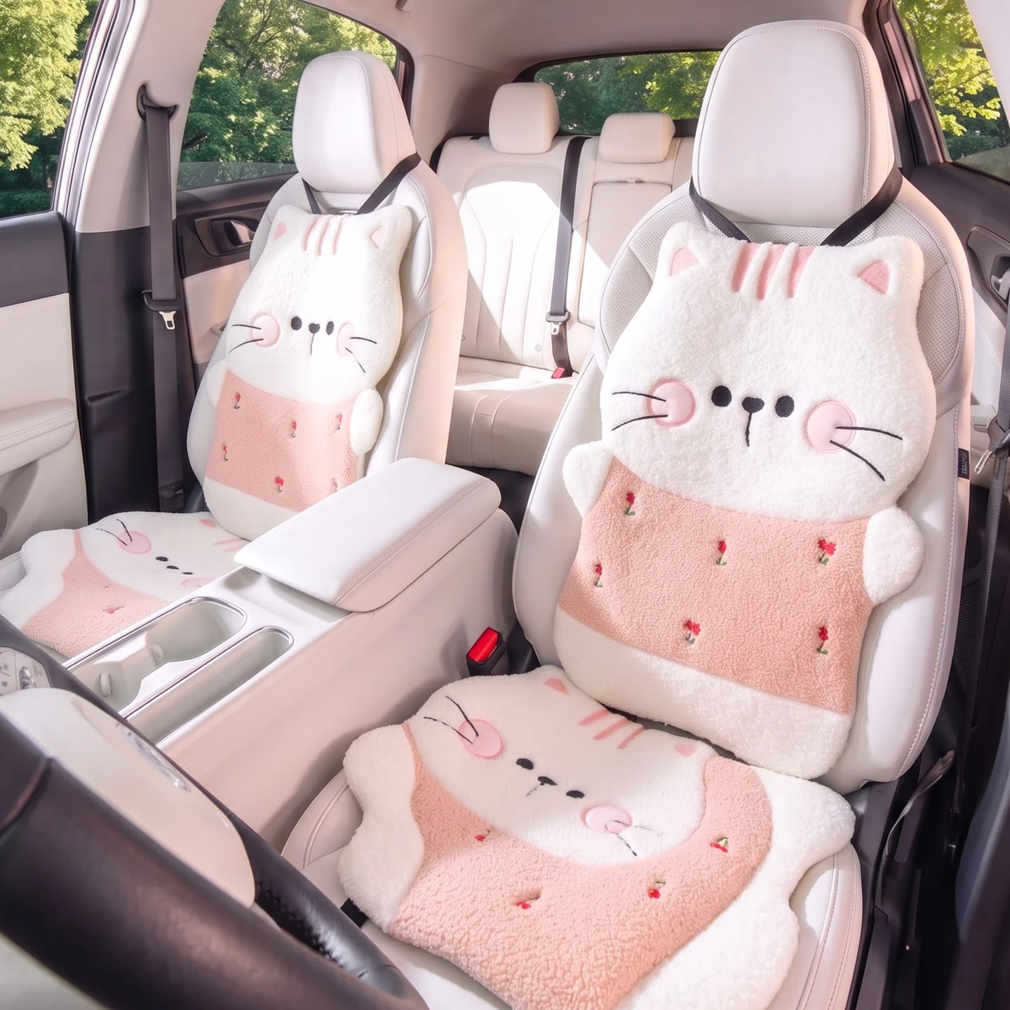 NEW Cute Car Seat Cover Women Universal Breathable Plush Cartoon Cat Pink White Interior Protector Auto Accessories Pillow