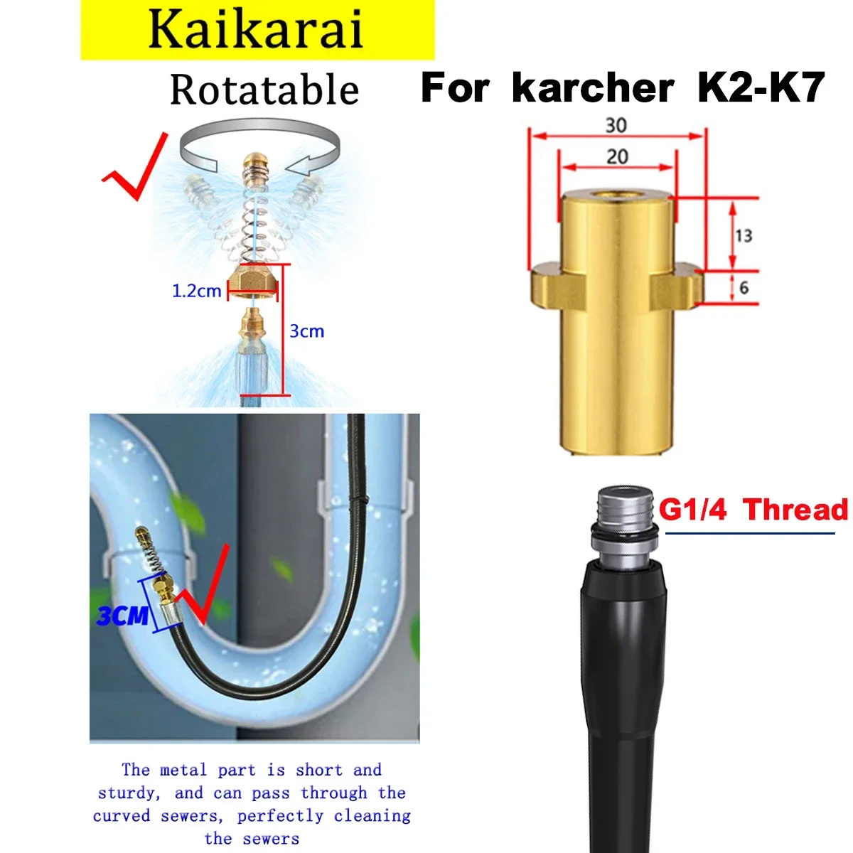 高圧排水管洗浄キット,クリーナーセット,ケルヒャーK2-K7ワッシャー用アダプター付き,洗車用