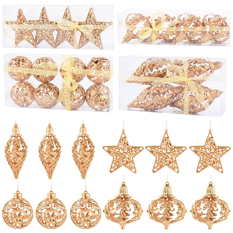 

4/8Pcs Christmas Ball Ornaments Gold Hollow Star Pendant Christmas Tree Hanging Decoration for Home 2025 New Year Navidad Gifts