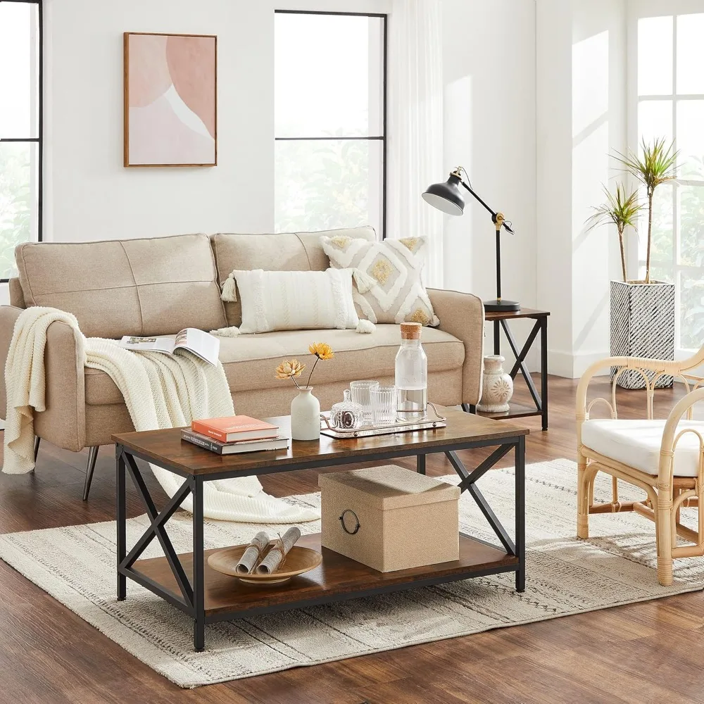 Coffee Table with Storage Shelf and X-Shaped Steel Frame, Industrial Farmhouse Style